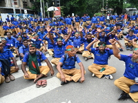 Members of the Gram Police Bahini are blocking the Kakrail intersection in Dhaka, Bangladesh, on August 18, 2024, to protest and demand the...