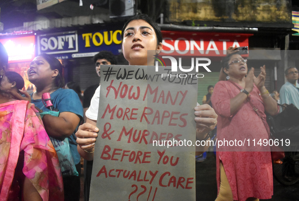 Women are protesting over the sexual assault and murder of a postgraduate woman doctor in Kolkata, India, on August 18, 2024. 