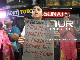 Women are protesting over the sexual assault and murder of a postgraduate woman doctor in Kolkata, India, on August 18, 2024. (