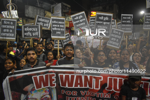 People are protesting over the sexual assault and murder of a postgraduate woman doctor in Kolkata, India, on August 18, 2024. 