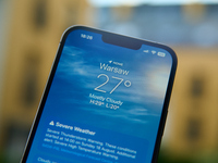 The weather application is seen showing the forecast in this illustration photo taken in Warsaw, Poland on 18 August, 2024. (