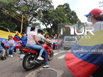 Several activists are holding banners and Venezuelan flags while gathering at a rally in Los Mangos square in San Cristobal, Venezuela, on A...