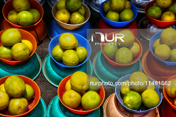 Lemons are being sold at the Chalai market in Thiruvananthapuram (Trivandrum), Kerala, India, on April 13, 2024. The Chalai Market (Chalai b...