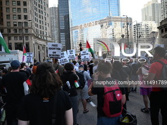 Protesters are marching in a March on the Eve of the DNC event downtown in Chicago, Illinois, United States, on August 18, 2024. Protesters...