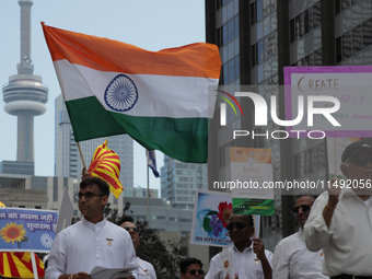 People gathered at Nathan Phillips Square to celebrate India's 77th Independence Day in Toronto, Canada, on August 18, 2024. (