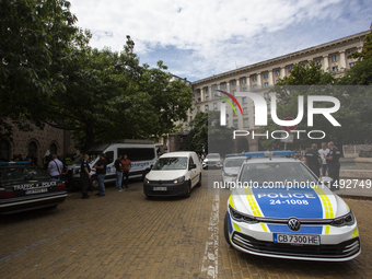 Police officers are expressing their displeasure in front of the Presidency building in Sofia, Bulgaria, on August 19, 2024, against the ref...