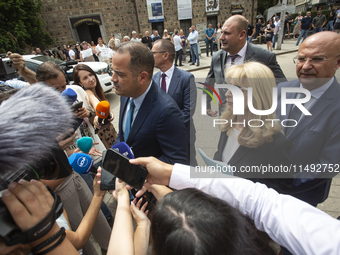 Gorica Grancharova-Kozhareva and Minister of Interior Kalin Stoyanov are speaking to the media in front of the Presidential building in Sofi...