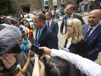 Gorica Grancharova-Kozhareva and Minister of Interior Kalin Stoyanov are speaking to the media in front of the Presidential building in Sofi...