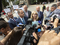 Gorica Grancharova-Kozhareva and Minister of Interior Kalin Stoyanov are speaking to the media in front of the Presidential building in Sofi...