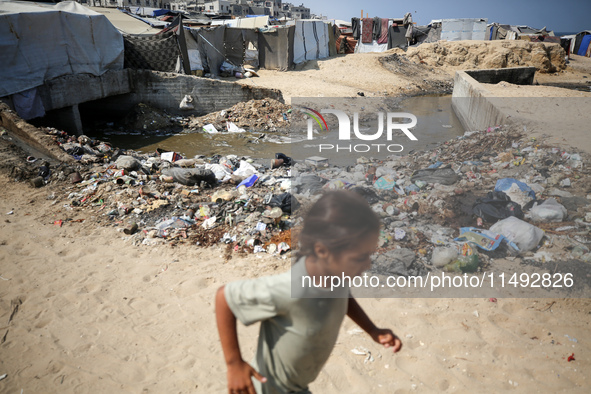 A displaced Palestinian girl is walking beside sewage water and a garbage dump in Deir al-Balah in central Gaza Strip on August 19, 2024, as...