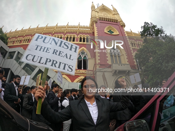 Lawyers of Calcutta High Court are holding posters and participating in a protest rally against the alleged sexual assault and murder of a p...