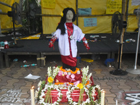 A clay statue of a doctor depicting a victim of rape and murder is being pictured at a protest site in Kolkata, India, on August 19, 2024. (