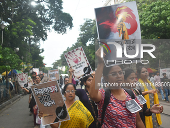 Women are protesting over the sexual assault and murder of a postgraduate woman doctor in Kolkata, India, on August 19, 2024. (