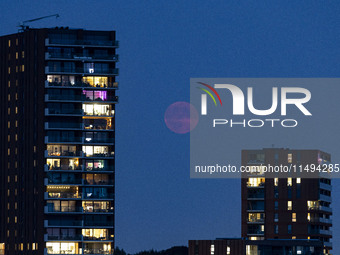 A rare super blue full moon appears rising in the night sky over tall buildings, near the city of Eindhoven in the Netherlands on August 19,...