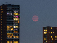 A rare super blue full moon appears rising in the night sky over tall buildings, near the city of Eindhoven in the Netherlands on August 19,...