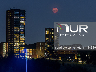 A rare super blue full moon appears rising in the night sky over tall buildings, near the city of Eindhoven in the Netherlands on August 19,...