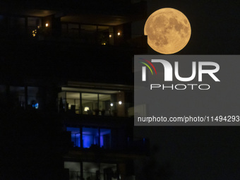 A rare super blue full moon appears rising in the night sky over tall buildings, near the city of Eindhoven in the Netherlands on August 19,...