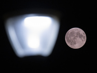 A rare super blue full moon appears rising in the night sky over tall buildings, near the city of Eindhoven in the Netherlands on August 19,...