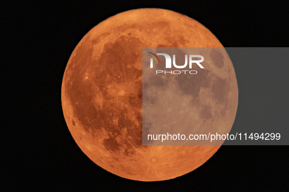 A rare super blue full moon appears rising in the night sky over tall buildings, near the city of Eindhoven in the Netherlands on August 19,...