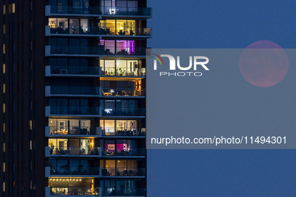 A rare super blue full moon appears rising in the night sky over tall buildings, near the city of Eindhoven in the Netherlands on August 19,...