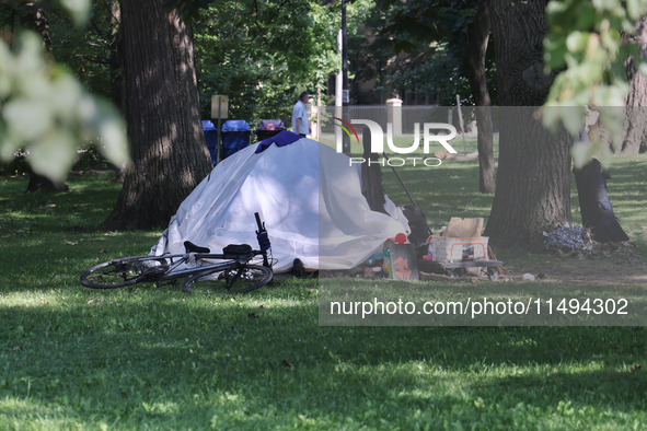 A homeless man is setting up a tent in Queens Park in downtown Toronto, Ontario, Canada, on August 14, 2024. Homelessness is plaguing the ci...