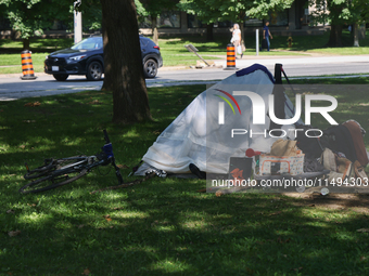 A homeless man is setting up a tent in Queens Park in downtown Toronto, Ontario, Canada, on August 14, 2024. Homelessness is plaguing the ci...