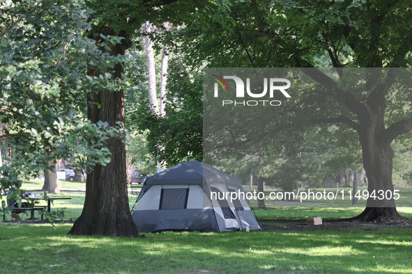 A homeless man is setting up a tent in Queens Park in downtown Toronto, Ontario, Canada, on August 14, 2024. Homelessness is plaguing the ci...