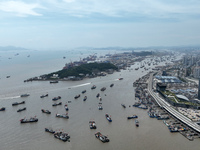 Boats are avoiding Typhoon Jongdari at Shenjiamen fishing port in Zhoushan city, Zhejiang province, China, on August 20, 2024. (