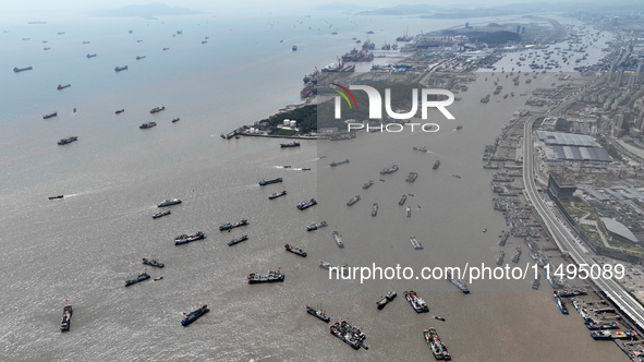 Boats are avoiding Typhoon Jongdari at Shenjiamen fishing port in Zhoushan city, Zhejiang province, China, on August 20, 2024. 