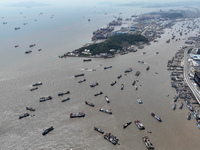 Boats are avoiding Typhoon Jongdari at Shenjiamen fishing port in Zhoushan city, Zhejiang province, China, on August 20, 2024. (