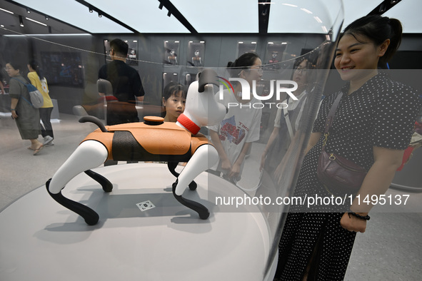 People are watching BabyAlpha, the 6th generation robot dog, at Deji Square in Nanjing, China, on August 20, 2024. This is the first artific...