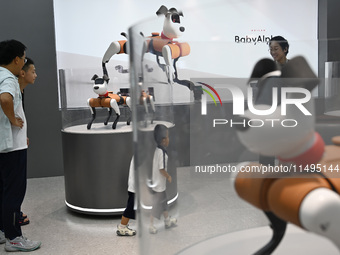 People are watching BabyAlpha, the 6th generation robot dog, at Deji Square in Nanjing, China, on August 20, 2024. This is the first artific...