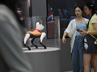 People are watching BabyAlpha, the 6th generation robot dog, at Deji Square in Nanjing, China, on August 20, 2024. This is the first artific...