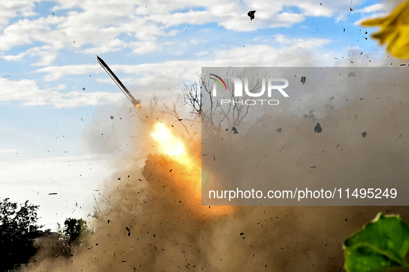 Artillerymen of the 110th Marko Bezruchko Separate Mechanized Brigade are firing an RM-70 multiple rocket launcher in the Pokrovsk direction...