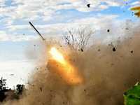 Artillerymen of the 110th Marko Bezruchko Separate Mechanized Brigade are firing an RM-70 multiple rocket launcher in the Pokrovsk direction...