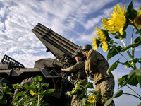 Artillerymen of the 110th Marko Bezruchko Separate Mechanized Brigade who serve in the Pokrovsk direction are operating an RM-70 multiple ro...