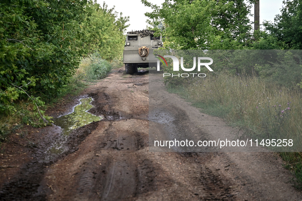 An RM-70 multiple rocket launcher operated by the artillerymen of the 110th Marko Bezruchko Separate Mechanized Brigade is on the road in Do...