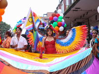 A member of the sexual minority LGBTIQ+ group of Nepal is holding the edge of a rainbow flag during the Gaijatra (Pride) parade in Kathmandu...