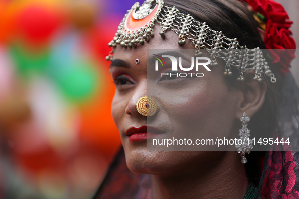 A member of the sexual minority LGBTIQ+ group of Nepal is participating in the Gaijatra (Pride) parade in Kathmandu, Nepal, on August 20, 20...