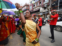 A member of the sexual minority LGBTIQ+ group of Nepal is dancing during the Gaijatra (Pride) parade in Kathmandu, Nepal, on August 20, 2023...