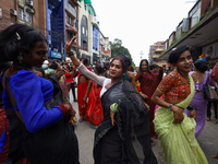 Members of the sexual minority LGBTIQ+ group of Nepal are dancing during the Gaijatra (Pride) parade in Kathmandu, Nepal, on August 20, 2023...