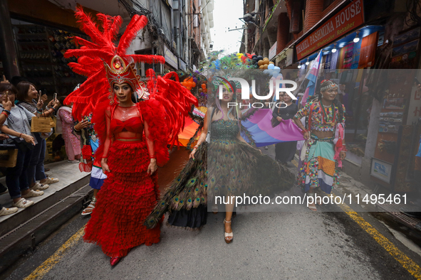 Members of the sexual minority LGBTIQ+ group of Nepal are dancing as they walk through the alleyways during the Gaijatra (Pride) parade in K...