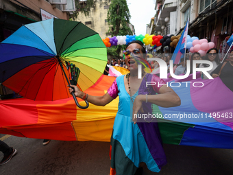 A member of the sexual minority LGBTIQ+ group of Nepal is dancing during the Gaijatra (Pride) parade in Kathmandu, Nepal, on August 20, 2023...