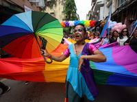 A member of the sexual minority LGBTIQ+ group of Nepal is dancing during the Gaijatra (Pride) parade in Kathmandu, Nepal, on August 20, 2023...