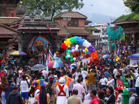 Members of the sexual minority LGBTIQ+ group of Nepal are walking past the Kaal Bhairab statue located in Kathmandu Durbar Square, a UNESCO...