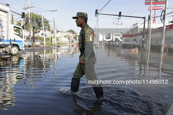 Members of the Mexican army are trying to walk on flooded streets in Chalco, State of Mexico, on August 20, 2024, where several families are...