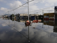 View of flooded streets in the Colonia Culturas de Mexico in Chalco, State of Mexico, where several families are being severely affected by...