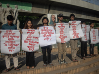 Tribal students of Dhaka University are holding a rally in Dhaka, Bangladesh, on August 20, 2024, demanding the withdrawal of military rule...