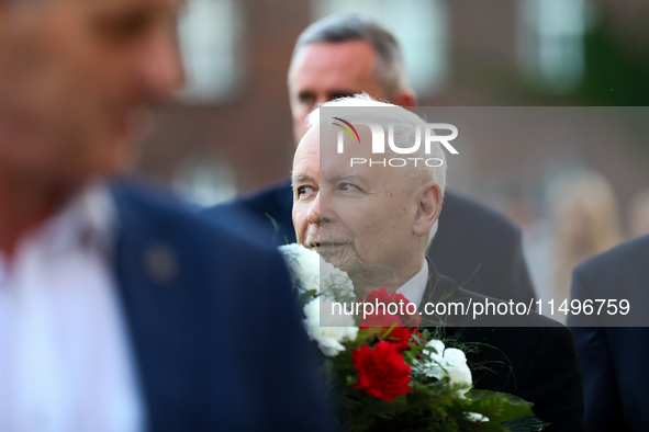 Jaroslaw Kaczynski, the leader of the Law and Justice party, is attending the monthly funeral of his brother at Wawel on August 18, 2024, in...