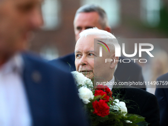 Jaroslaw Kaczynski, the leader of the Law and Justice party, is attending the monthly funeral of his brother at Wawel on August 18, 2024, in...